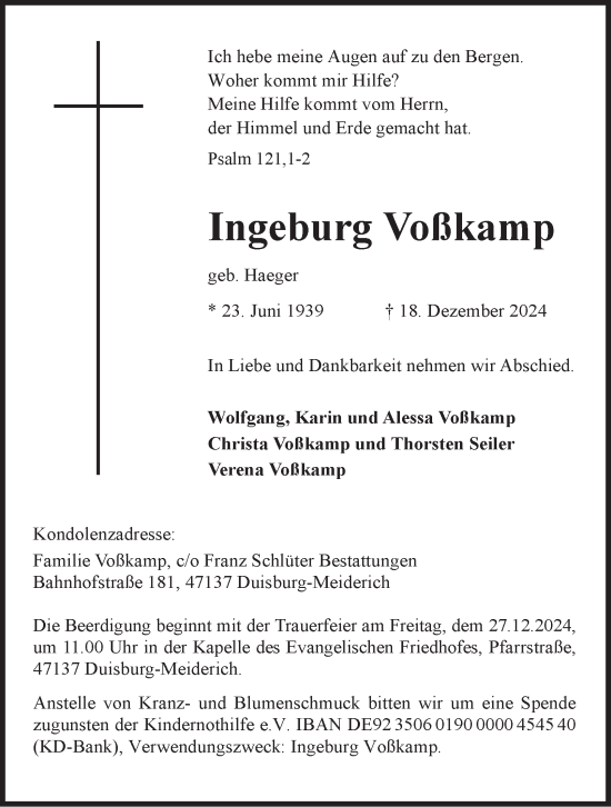 Traueranzeige von Ingeburg Voßkamp von Tageszeitung