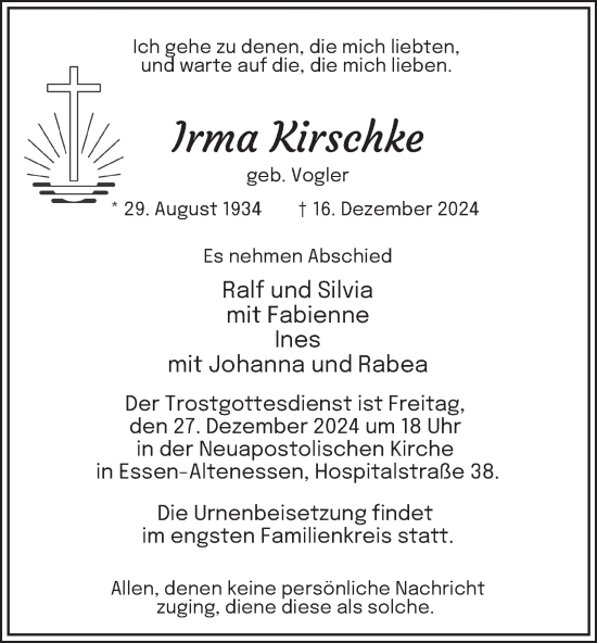 Traueranzeige von Irma Kirschke von Tageszeitung