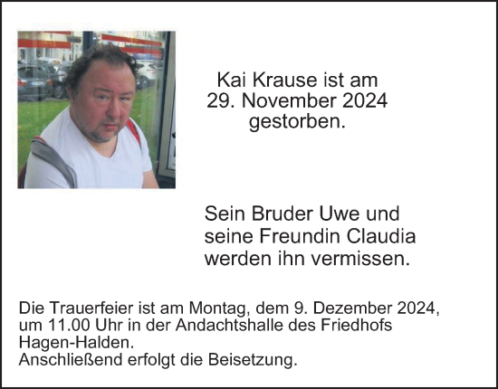 Traueranzeige von Kai Krause von Tageszeitung