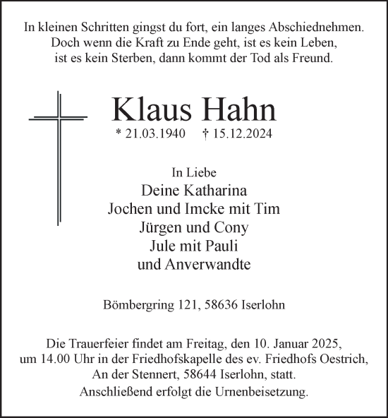 Traueranzeige von Klaus Hahn von Tageszeitung