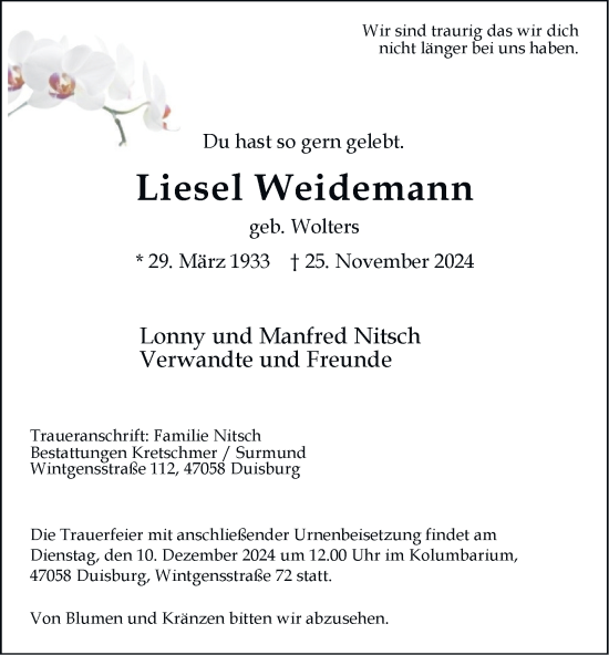 Traueranzeige von Liesel Weidemann von Tageszeitung