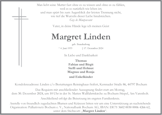 Traueranzeige von Margret Linden von Tageszeitung