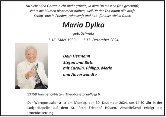 Traueranzeige von Maria Dylka von Tageszeitung