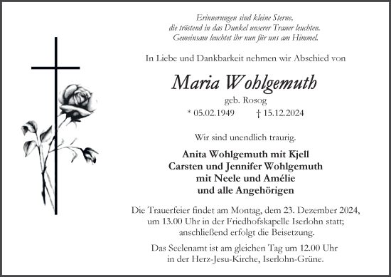 Traueranzeige von Maria Wohlgemuth von Tageszeitung