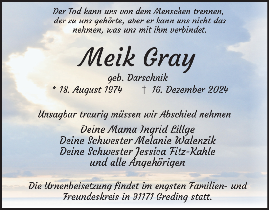 Traueranzeige von Meik Gray von Tageszeitung