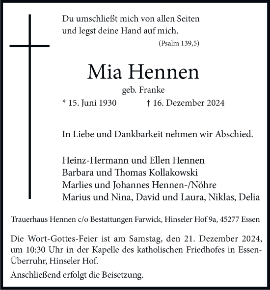 Traueranzeige von Mia Hennen von Tageszeitung