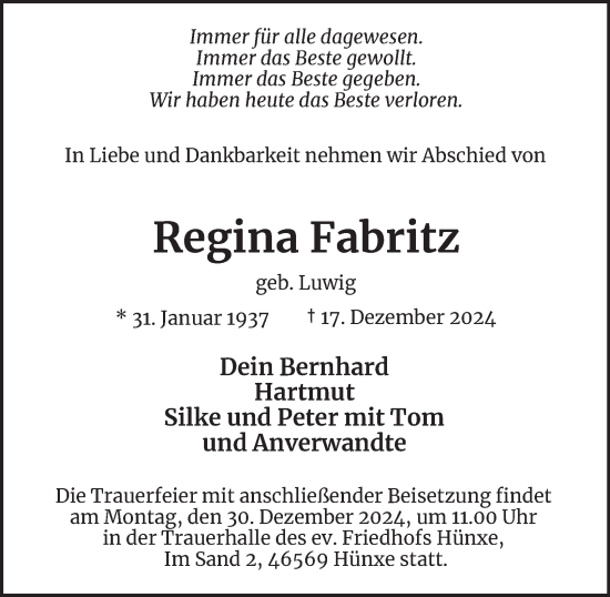 Traueranzeige von Regina Fabritz von Tageszeitung