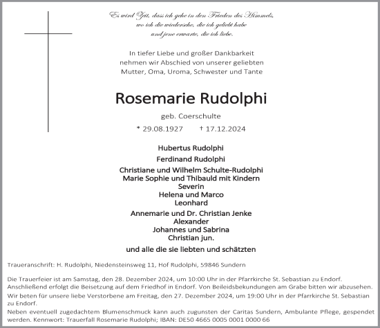 Traueranzeige von Rosemarie Rudolphi von Tageszeitung