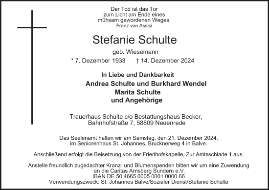 Traueranzeige von Stefanie Schulte von Tageszeitung