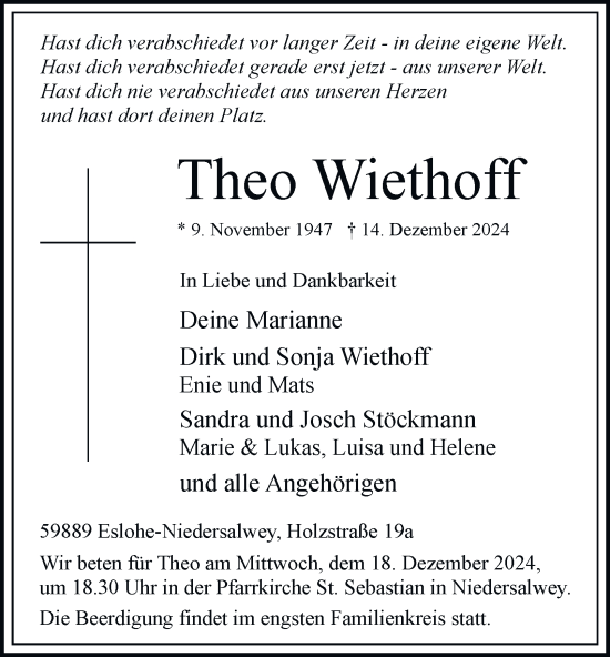 Traueranzeige von Theo Wiethoff von Tageszeitung