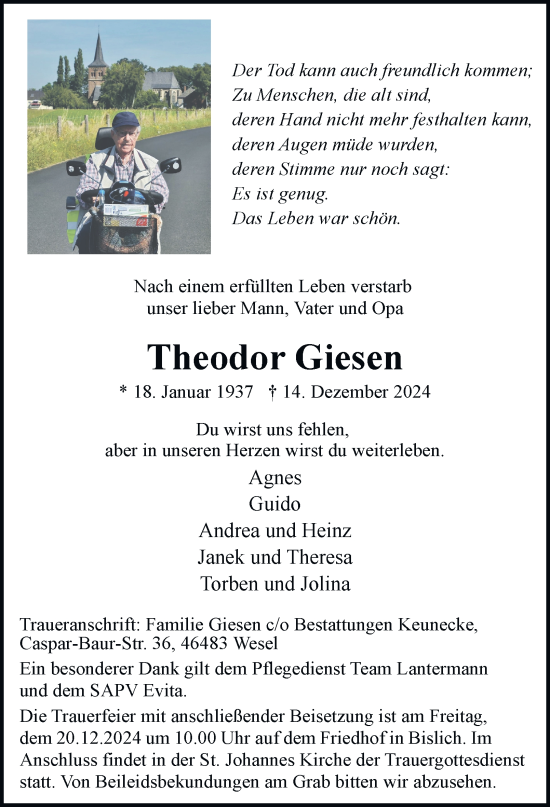 Traueranzeige von Theodor Giesen von Tageszeitung