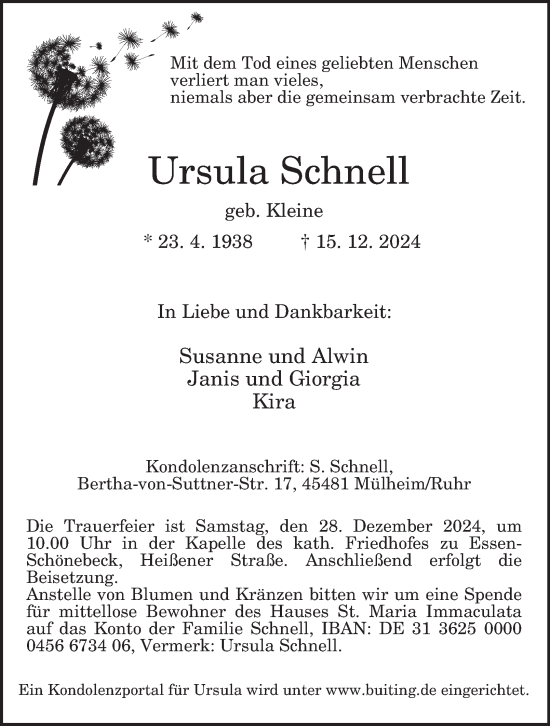 Traueranzeige von Ursula Schnell von Tageszeitung