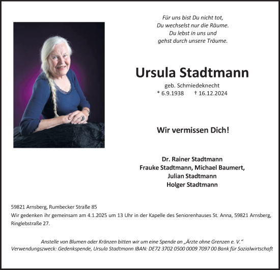 Traueranzeige von Ursula Stadtmann von Tageszeitung