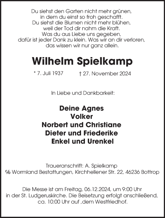 Traueranzeige von Wilhelm Spielkamp von Tageszeitung