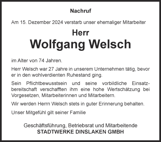 Traueranzeige von Wolfgang Welsch von Tageszeitung