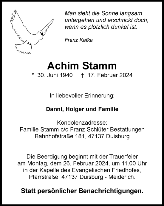 Traueranzeige von Achim Stamm von Tageszeitung