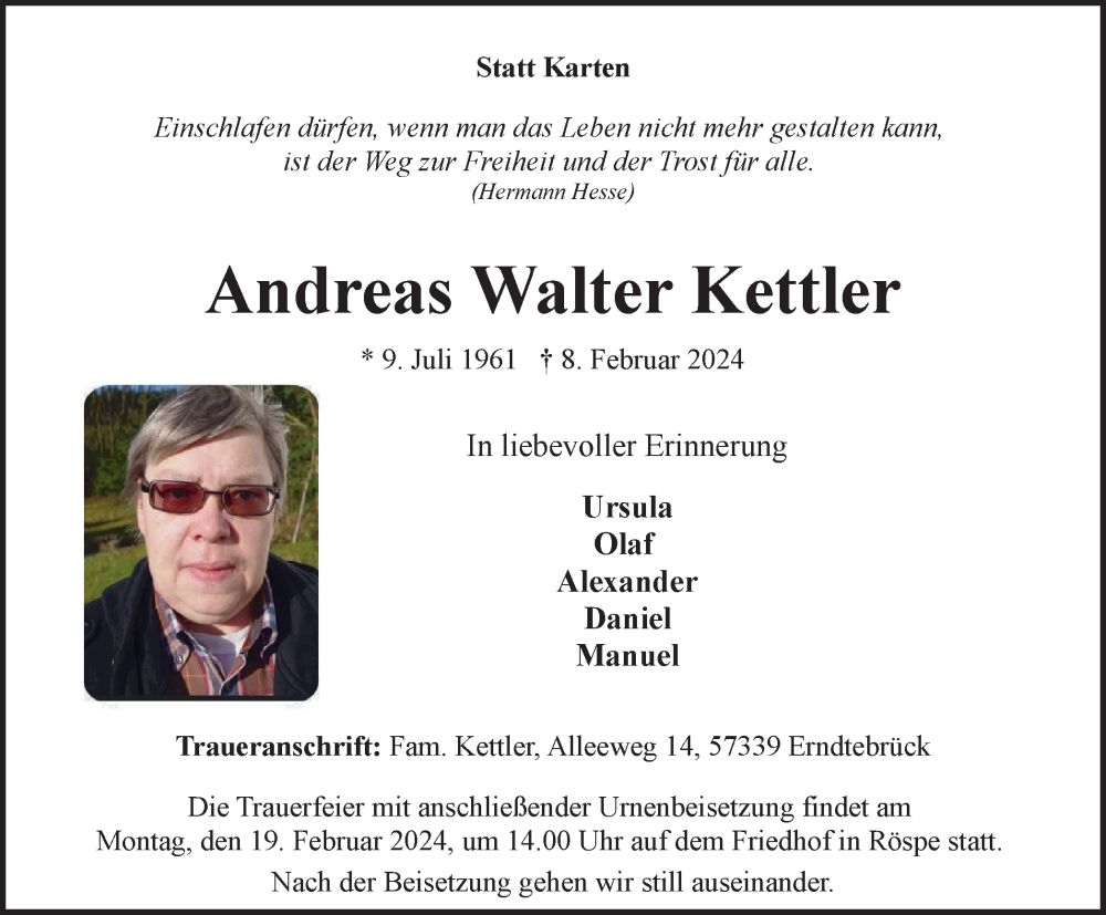  Traueranzeige für Andreas Walter Kettler vom 17.02.2024 aus Tageszeitung