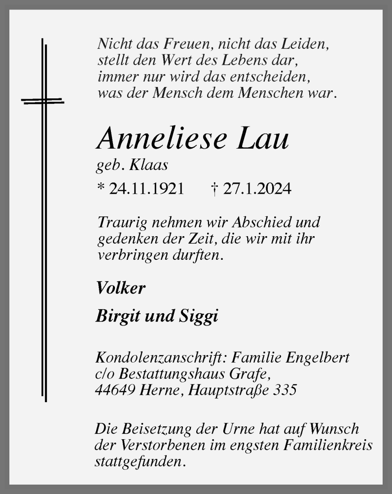  Traueranzeige für Anneliese Lau vom 17.02.2024 aus Tageszeitung