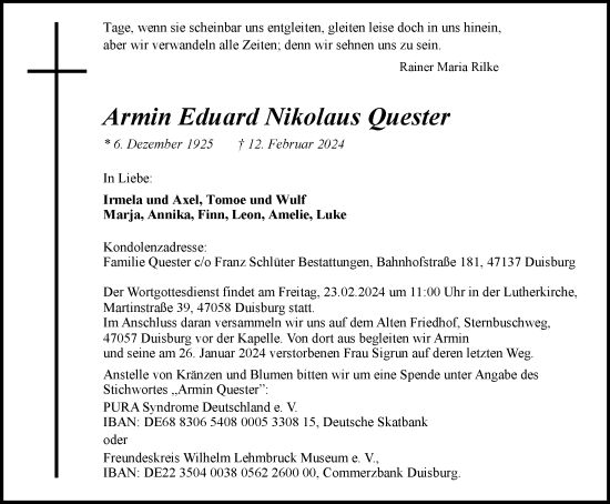 Traueranzeige von Armin Eduard Nikolaus Quester von Tageszeitung
