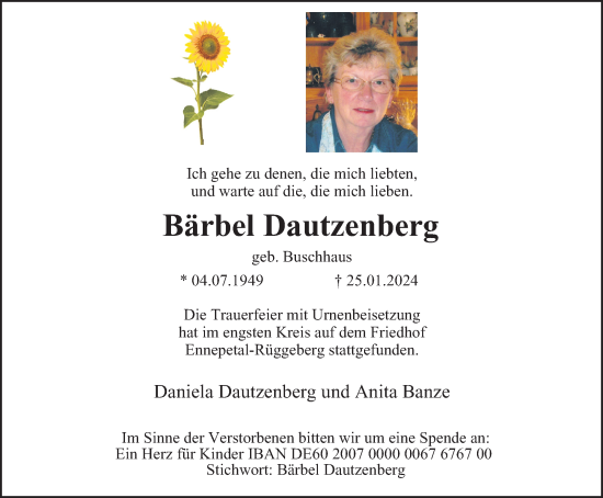 Traueranzeige von Bärbel Dautzenberg von Tageszeitung