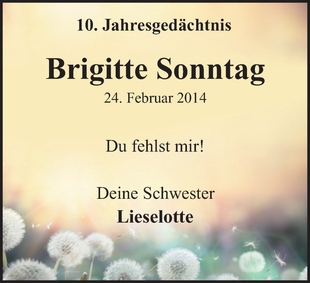  Traueranzeige für Brigitte Sonntag vom 24.02.2024 aus Tageszeitung