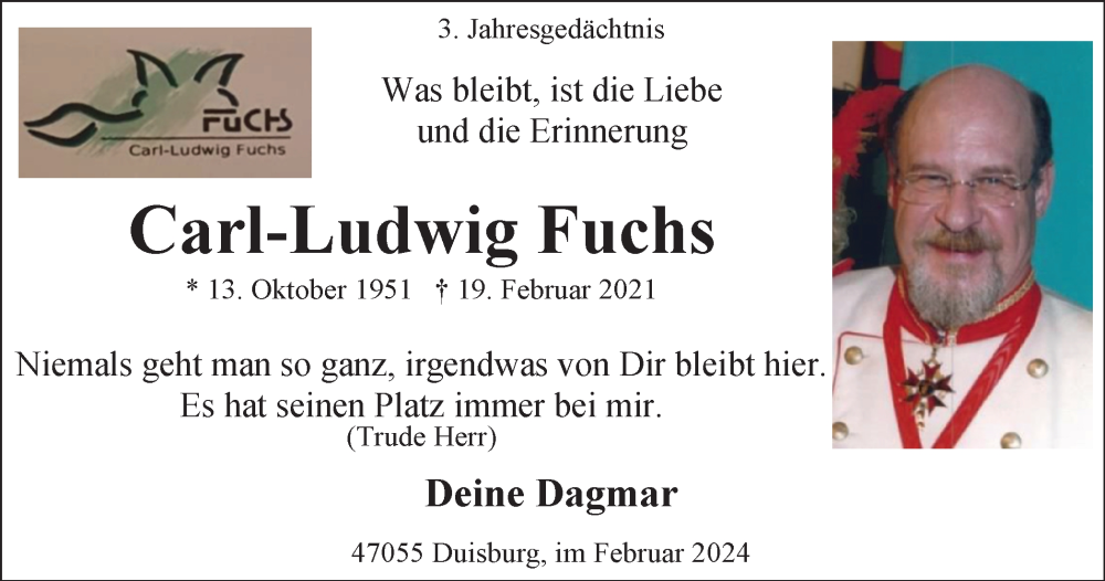  Traueranzeige für Carl-Ludwig Fuchs vom 17.02.2024 aus Tageszeitung
