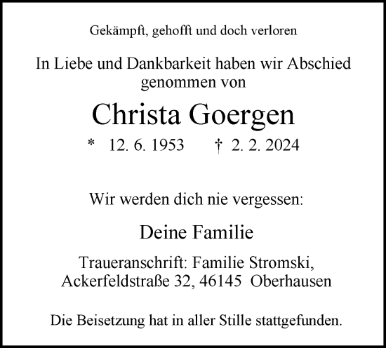 Traueranzeige von Christa Goergen von Tageszeitung