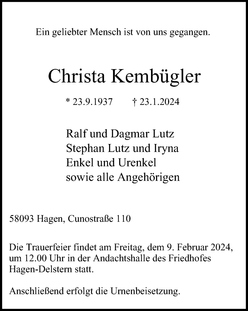  Traueranzeige für Christa Kembügler vom 07.02.2024 aus Tageszeitung