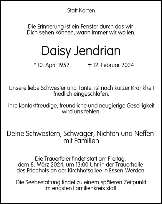 Traueranzeige von Daisy Jendrian von Tageszeitung