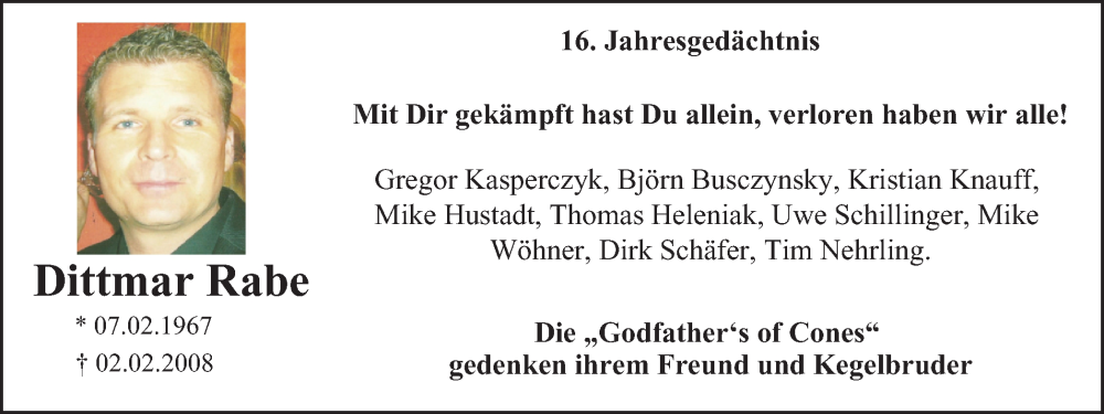  Traueranzeige für Dittmar Rabe vom 02.02.2024 aus Tageszeitung