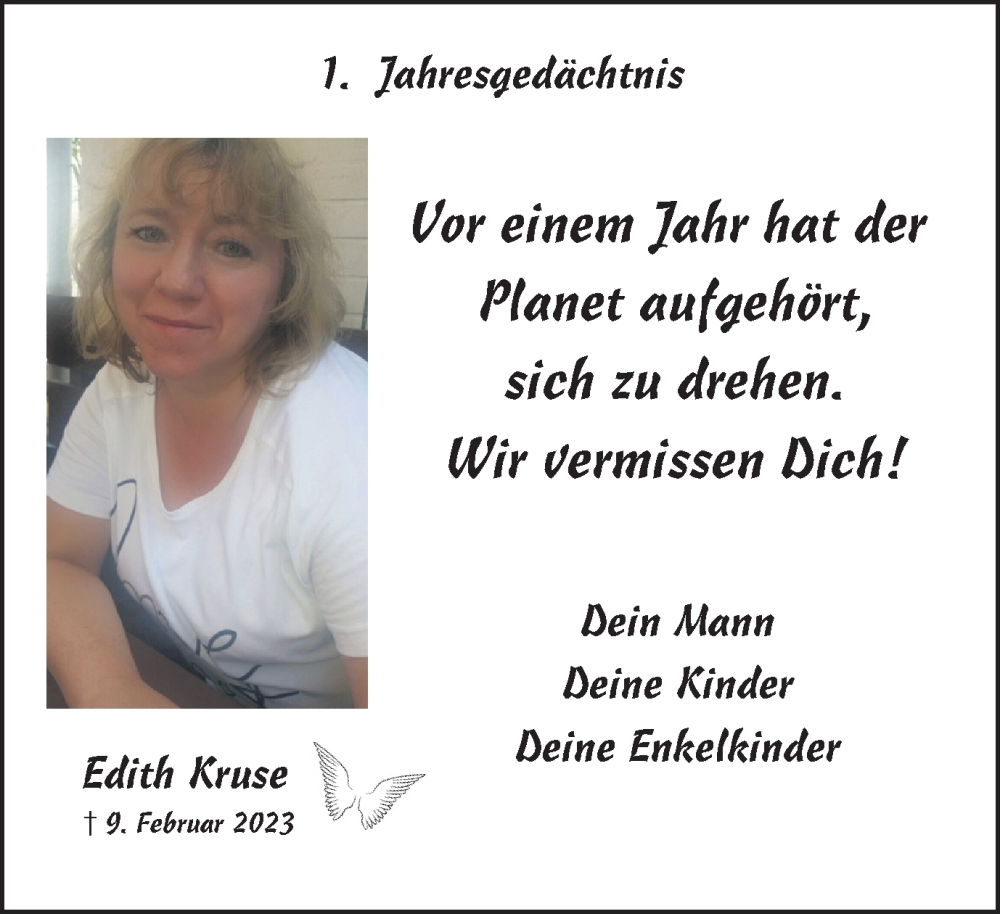  Traueranzeige für Edith Kruse vom 09.02.2024 aus Tageszeitung