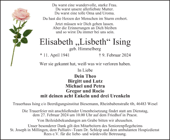 Traueranzeige von Elisabeth  Ising von Tageszeitung