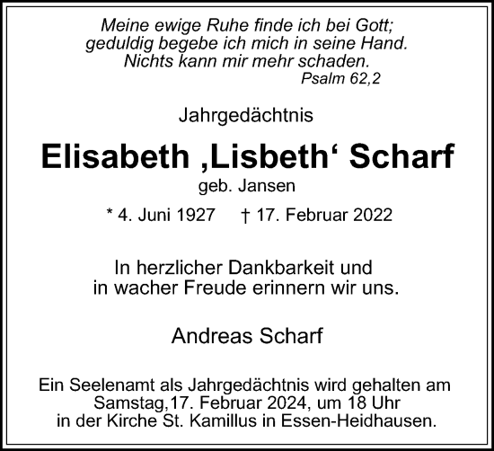 Traueranzeige von Elisabeth Scharf von Tageszeitung
