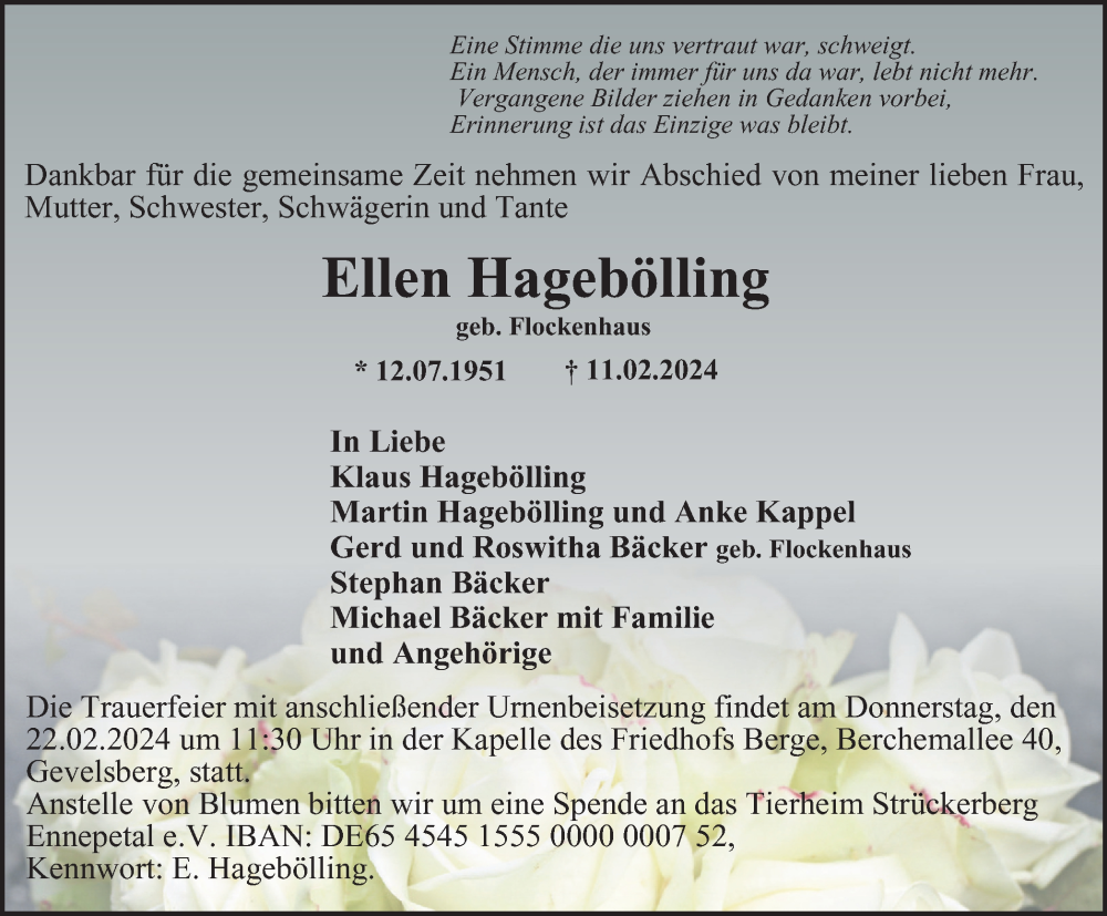  Traueranzeige für Ellen Hagebölling vom 17.02.2024 aus Tageszeitung
