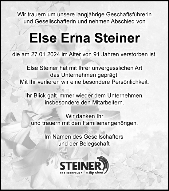 Traueranzeige von Else Erna Steiner von Tageszeitung