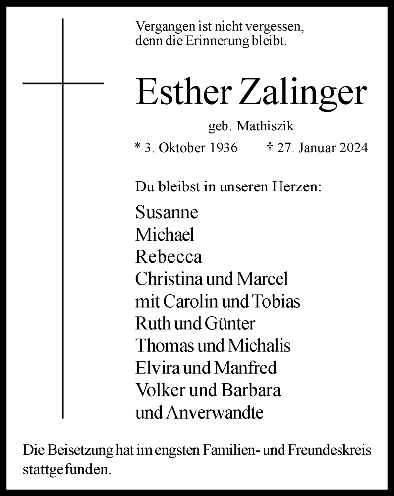  Traueranzeige für Esther Zalinger vom 03.02.2024 aus Tageszeitung