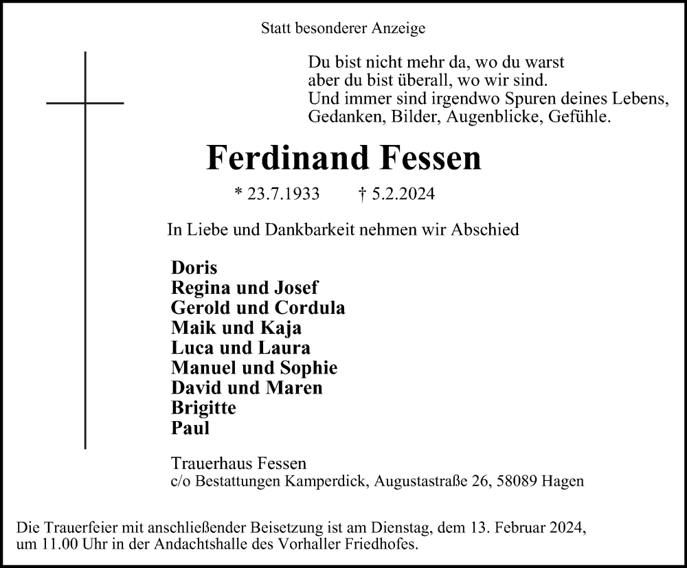  Traueranzeige für Ferdinand Fessen vom 10.02.2024 aus Tageszeitung