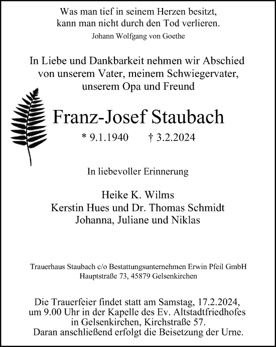 Traueranzeige von Franz-Josef Staubach von Tageszeitung