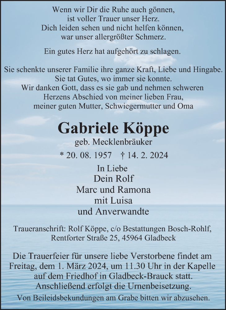  Traueranzeige für Gabriele Köppe vom 24.02.2024 aus Tageszeitung