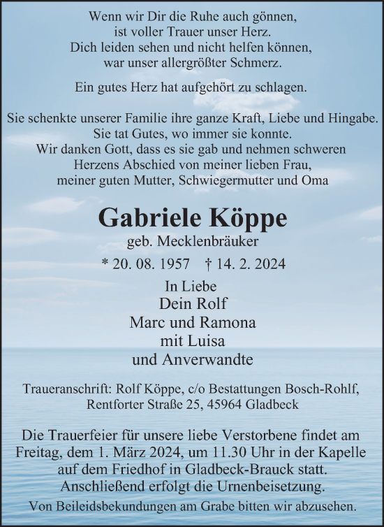Traueranzeige von Gabriele Köppe von Tageszeitung
