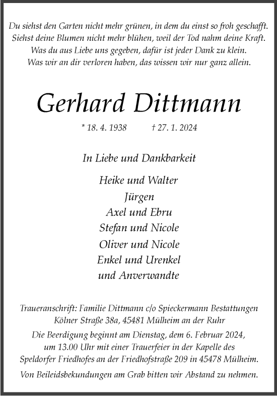 Traueranzeige von Gerhard Dittmann von Tageszeitung