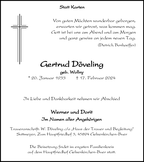 Traueranzeige von Gertrud Döveling von Tageszeitung