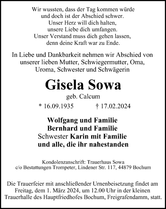 Traueranzeige von Gisela Sowa von Tageszeitung