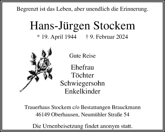 Traueranzeige von Hans-Jürgen Stockem von Tageszeitung