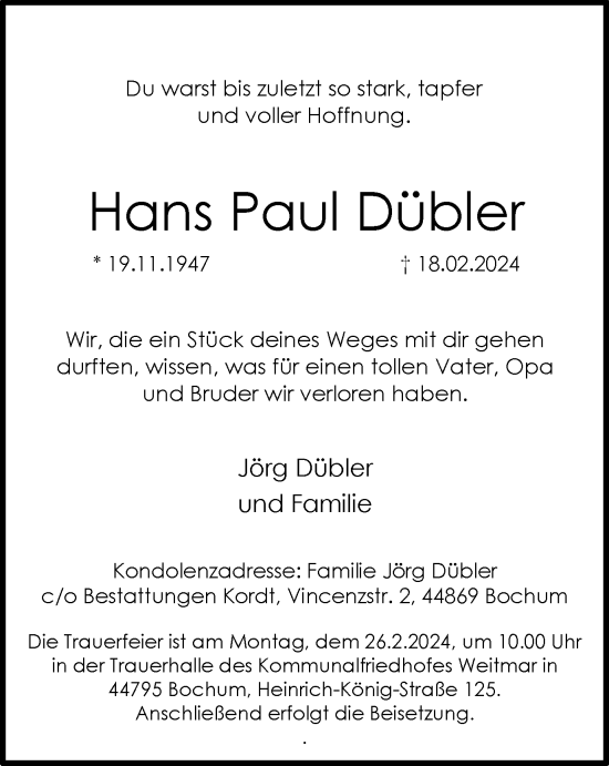 Traueranzeige von Hans Paul Dübler von Tageszeitung
