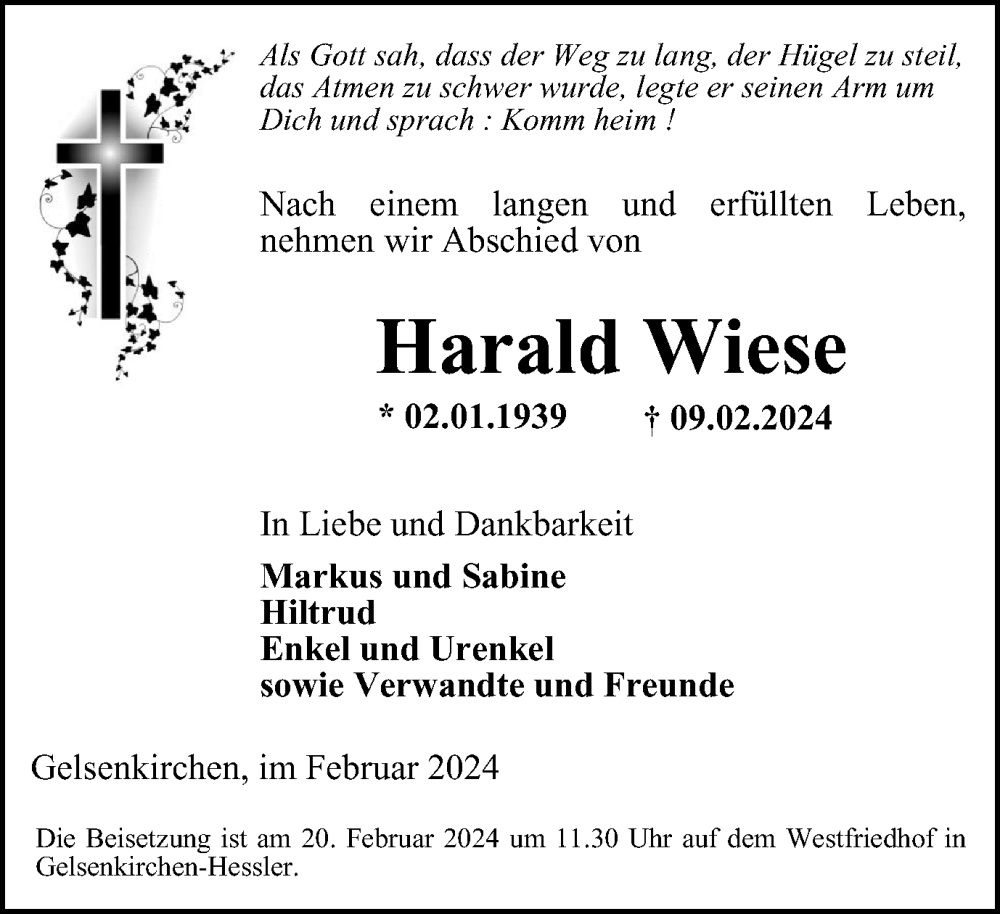  Traueranzeige für Harald Wiese vom 17.02.2024 aus Tageszeitung