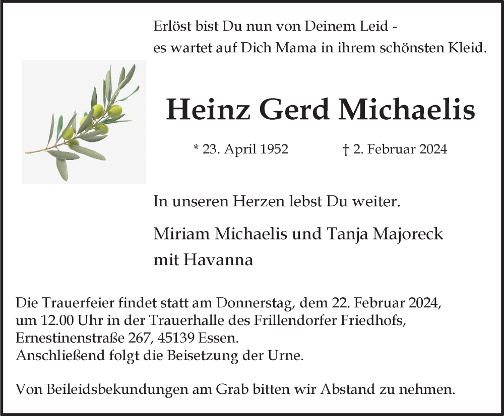  Traueranzeige für Heinz Gerd Michaelis vom 10.02.2024 aus Tageszeitung