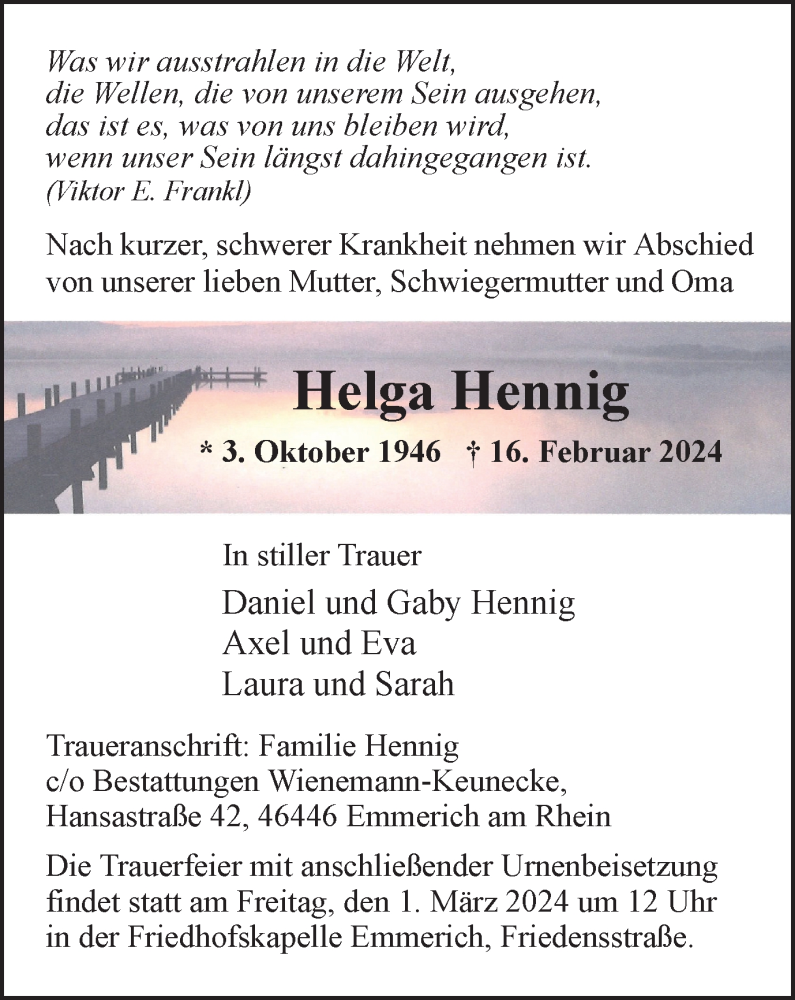  Traueranzeige für Helga Hennig vom 24.02.2024 aus Tageszeitung