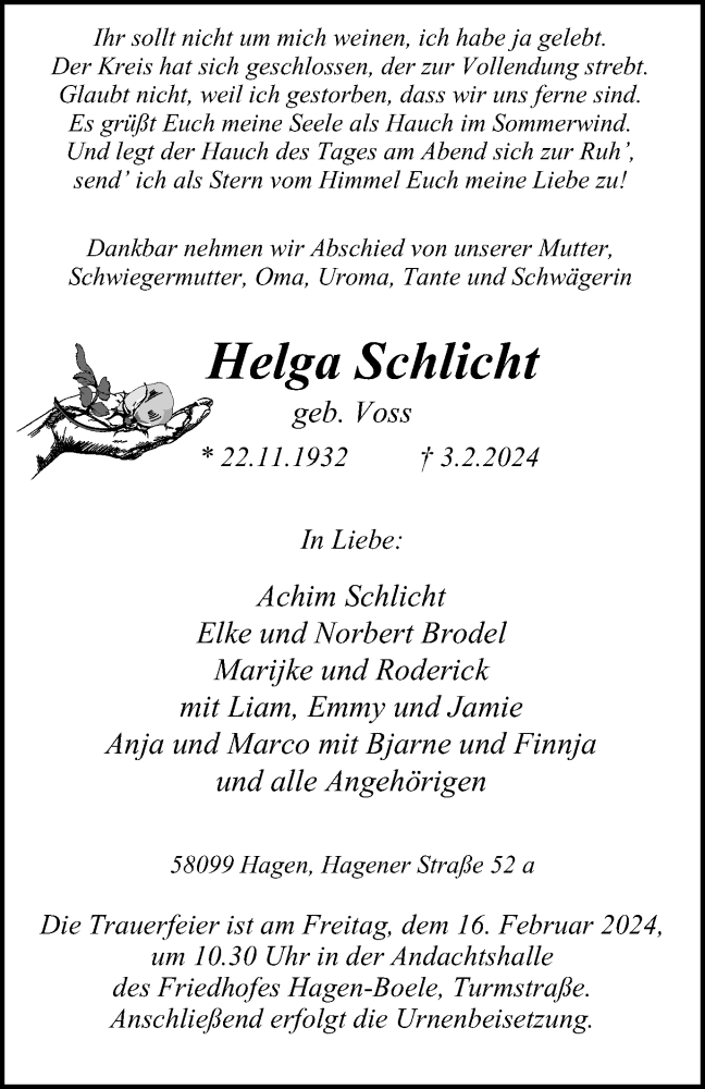  Traueranzeige für Helga Schlicht vom 10.02.2024 aus Tageszeitung