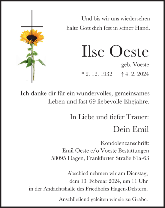 Traueranzeige von Ilse Oeste von Tageszeitung